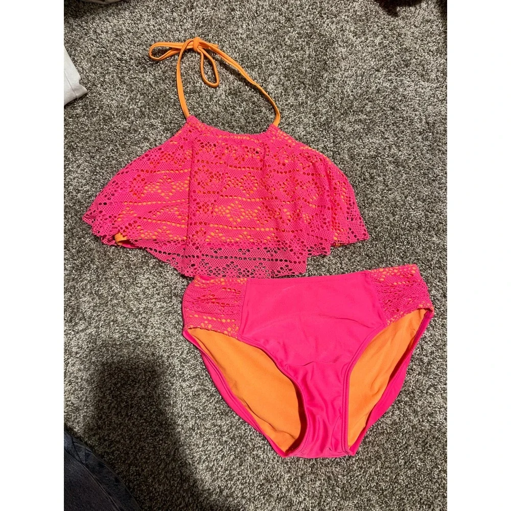 Cat & Jack Girls Neon Pink Orange Crochet Ruffle Bikini Set Size XL 14/16